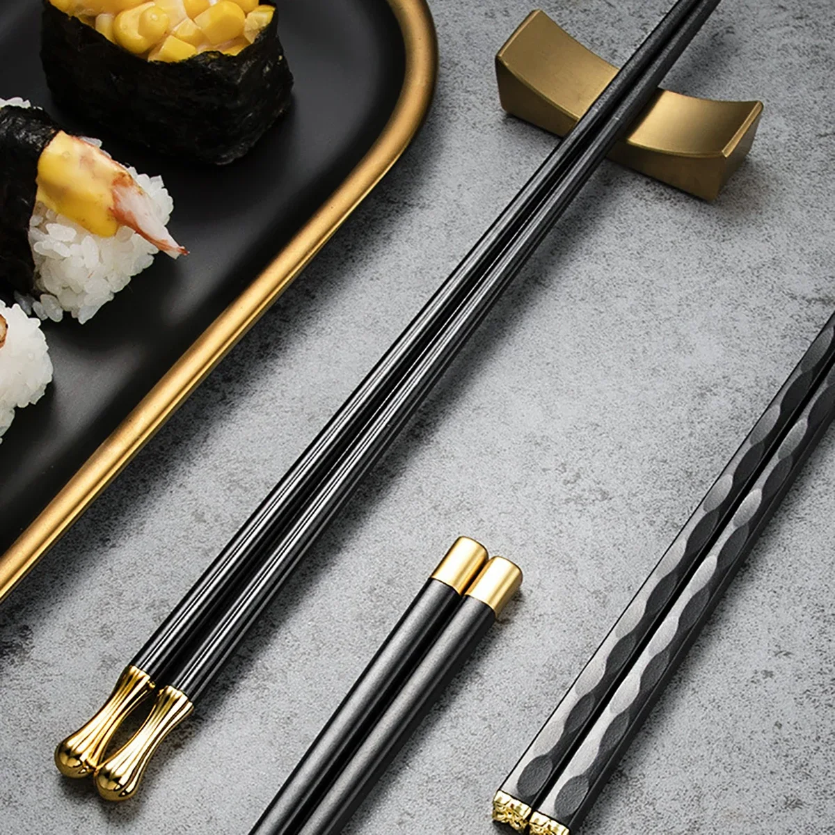 Non Slip Chopsticks 5 Pairs Black Gold Alloy Korean Food Sushi Sticks Reusable