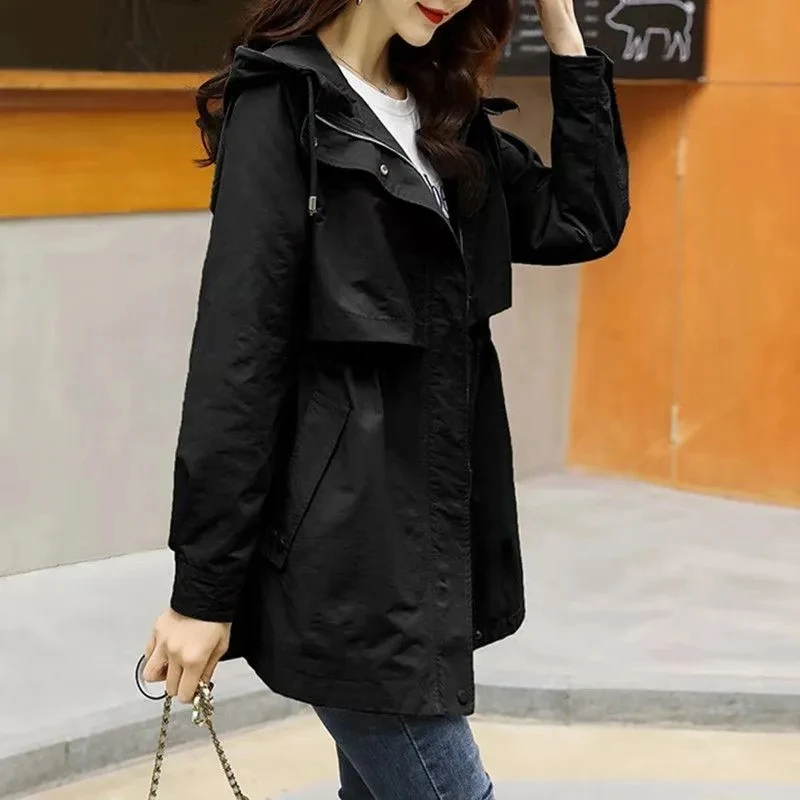 Trench Coat Femme Mi-Long Avec Capuche - Coupe-vent Ample, Style Coréen, Pour Printemps/automne