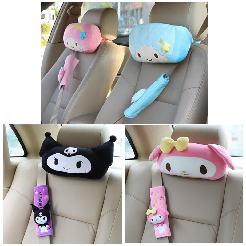

Sanrios Cartoon Anime My Melody Kuromi Little TwinStar Car Headrest Neck Pillow Kawaii Plush Seat Belt Shoulder Protector Cover
