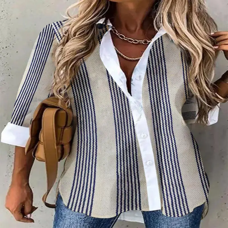 

Plus Size Women's Stand Collar 3/4 Sleeve Striped Buttons Shirt