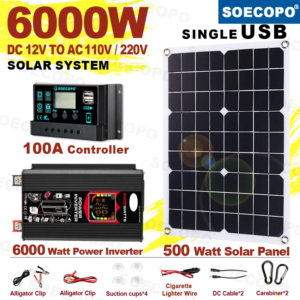 6000W Solar Generator 500W Panel 12V DC to 220V110V Inverter 100A Controller Off-Grid System for RV Camping CE RoHS