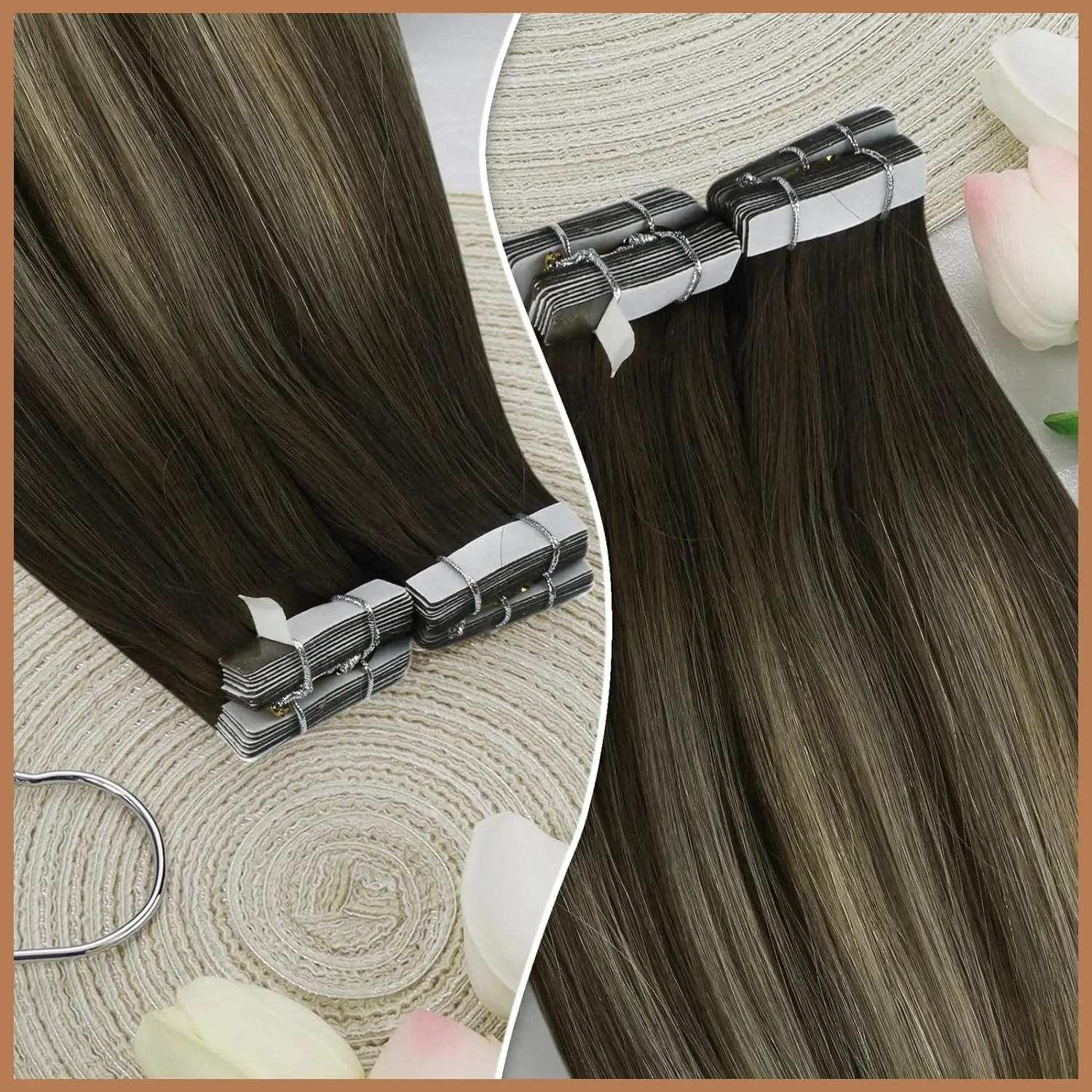 [NEW]VeSunny Tape In Hair Extensions Human Hair Real Natural Hair Balayage Color #4-14-60 Skin Weft Straight Seamless Hair 5