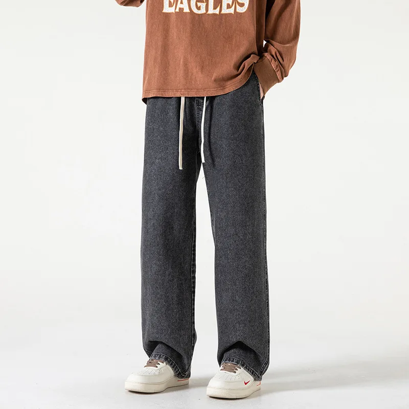 Straight tube wide leg jeans men's trend loose and simple solid color floor long pants  men jeans Elastic waist Casual  pants