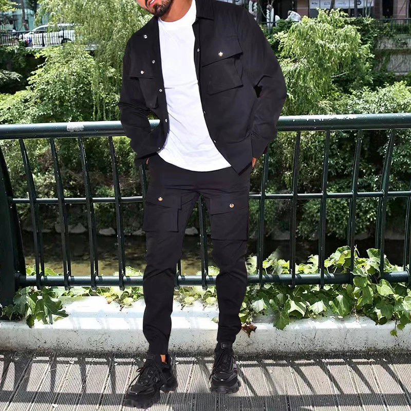 Autumn New Men's Casual Set Style Men's Outdoor Multi Pocket Solid Color Fashion Coat Top Long Sleeve Long Pants Two Piece Set