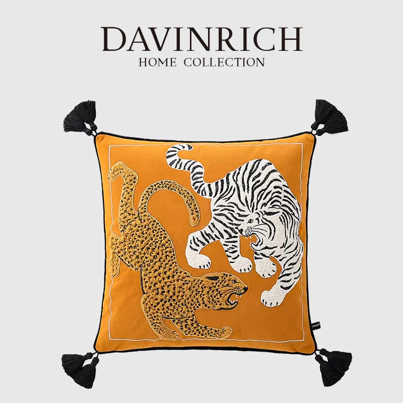

Желтая декоративная наволочка DAVINRICH с тибетским тигром, бархатная наволочка ручной работы с вышивкой для гостиной в стиле ретро