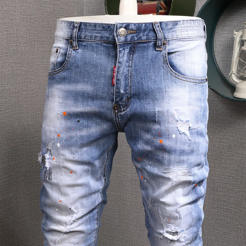 Street Fashion Men Jeans Retro Light Blue Stretch Slim Fit Painted Hole Ripped Jeans Men Patched Designer Vintage Pants Hombre