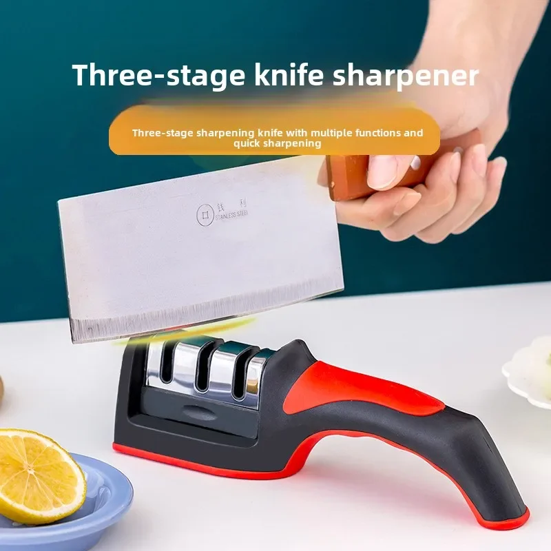 3-Stage Kitchen Knife Sharpener-Multi-Functional Handheld Sharpener in Stylish Black and Red Perfect for Home Use