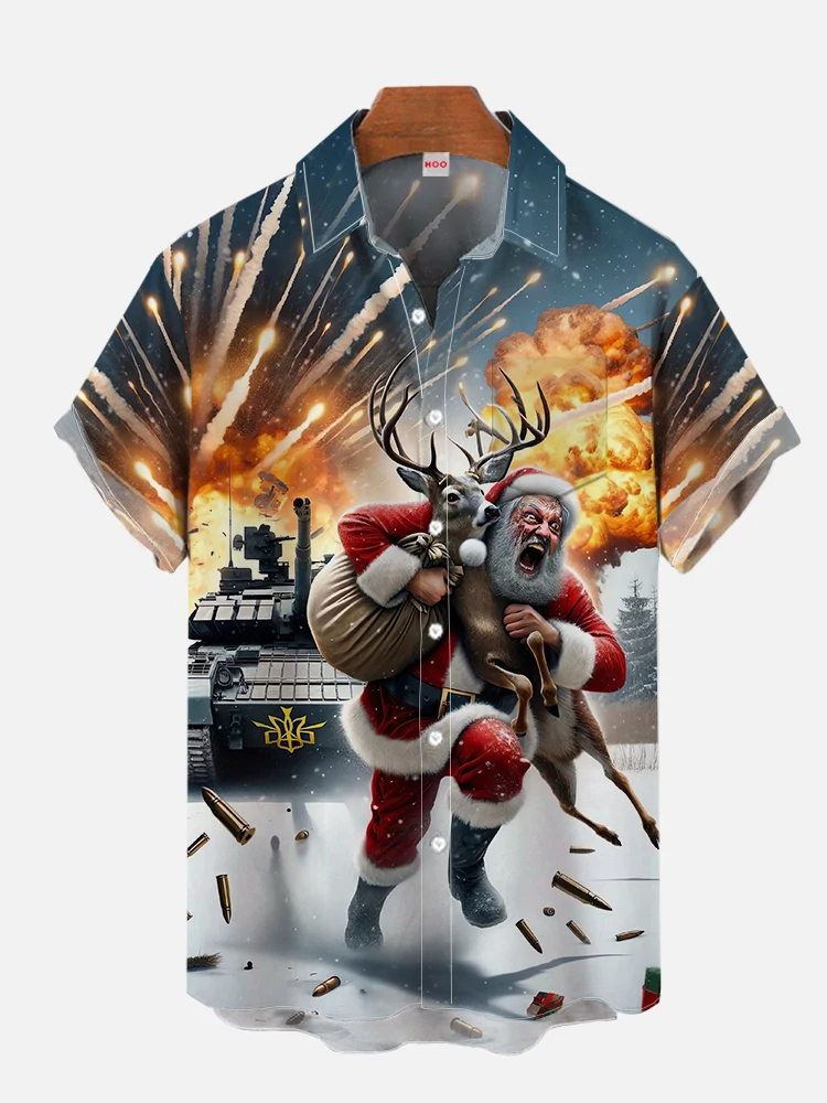 Christmas men's short sleeve lapel shirt 3d print bomb santa claus run away print casual comfortable shirt new year gift