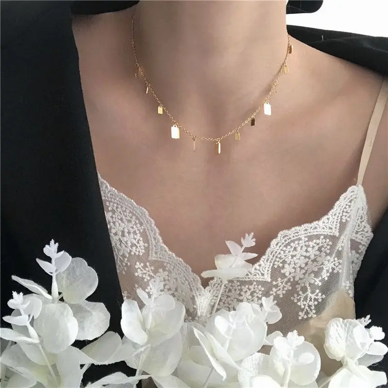 

Choker Necklace Women Gold Chain Stainless Steel Waterdrop Square Circle