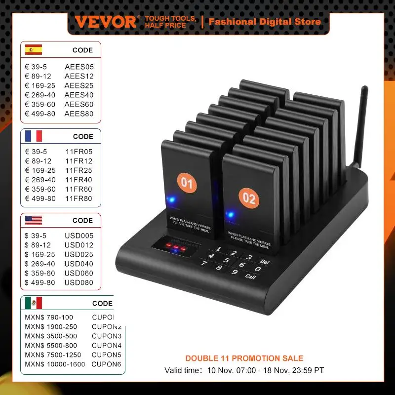 VEVOR 16/20/24pcs Restaurant Pager System Wireless Range Waiting Pager Signal Customer Calling Beeper with Vibration Flashing