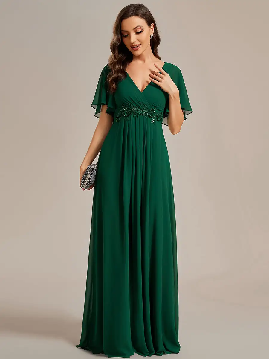 Elegant Evening Dress V Neck Appliques Pleated Floor-Length 2024 Ever Pretty of Lace applique Dark Green Bridesmaid Dress