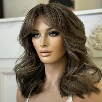 Cool Brown Body Wave Full Lace Front Human Hair Wigs For Women With Curtain bangs 13x4 13x6 Lace Frontal Wig Brazilian Glueless