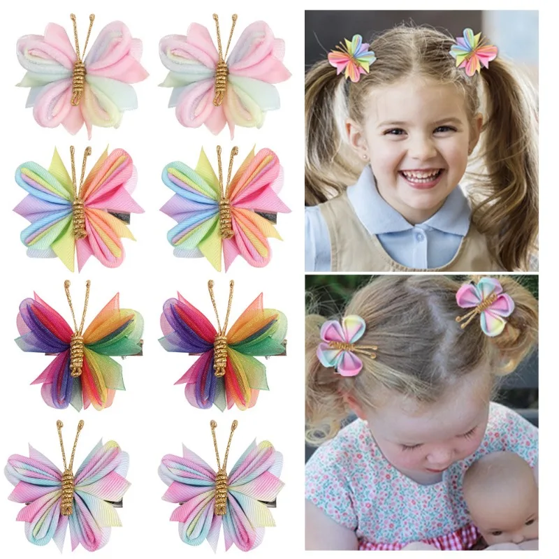 

New Butterfly Hair Clips For Girls Gradient Flocking Hairpin Solid Ribbon Barrettes Children Boutique Hairgrips Hair Accessories