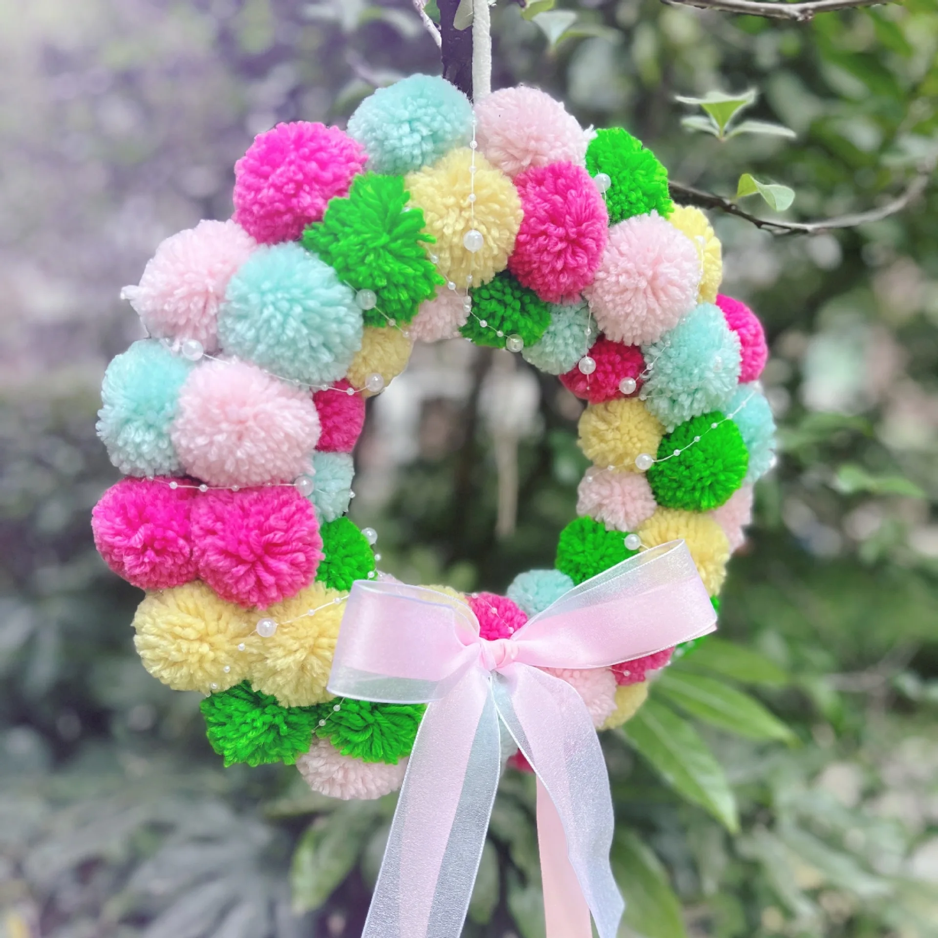 easter Wreath Felt Pom Pom Wreath Balls 11.8 Inch Decorations Colorful Felt Ball