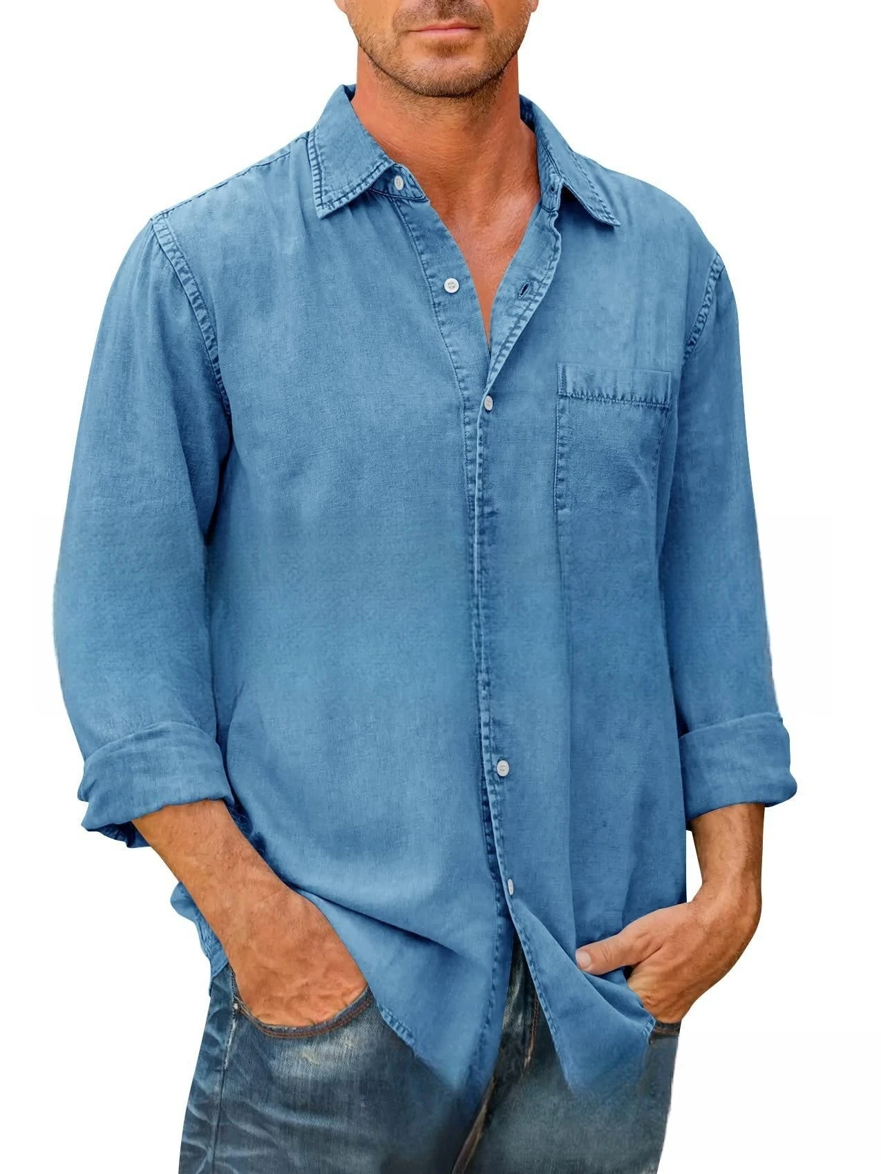 Men Cotton Denim Long Sleeve Casual Solid Color Shirt Spring Autumn Fashion Vintage Jeans Shirt Tops S-5XL