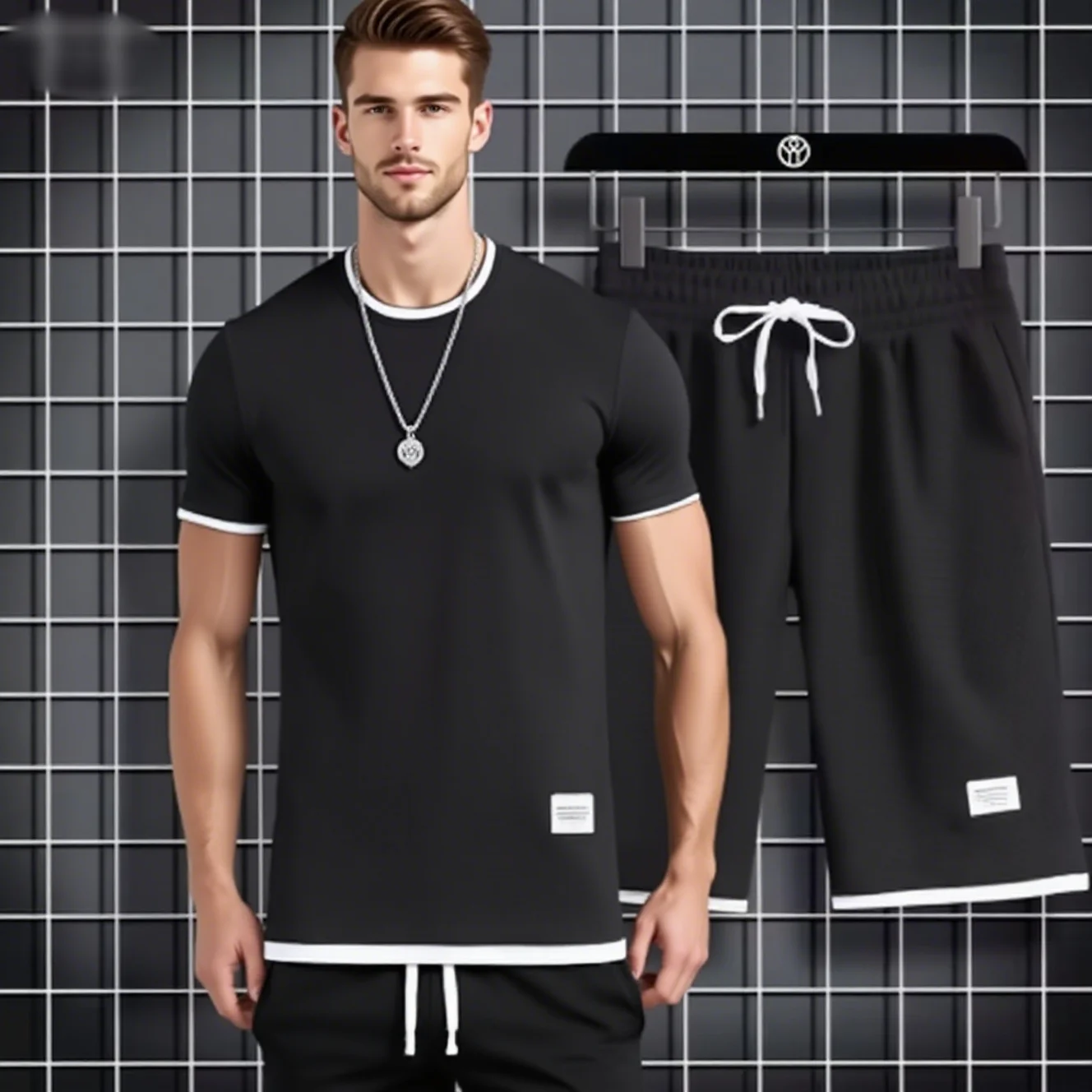 2025 New Summer Men's Waffle Set Casual T-shirt and Shorts Set Men's Sports Set Solid Color Sports Set Loose Set