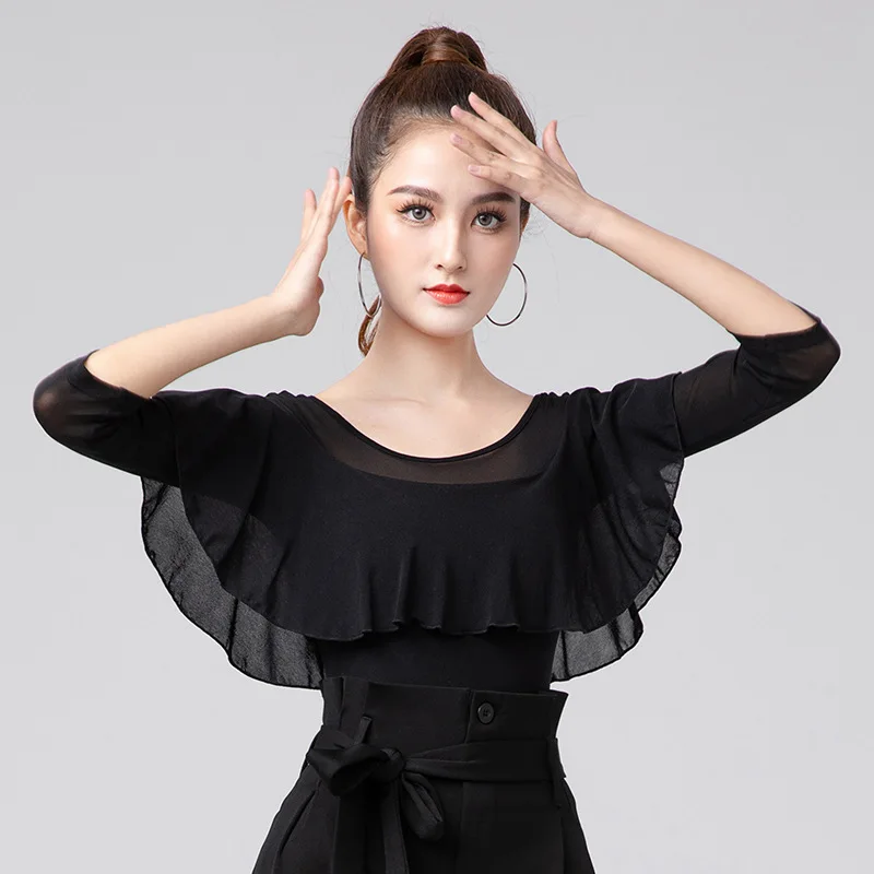 

2022 Latin Dance Practice Clothes Female Ruffled Sleeves Fashion Modern Dance Red Tops Performance Ballroom Dance Costume Tops
