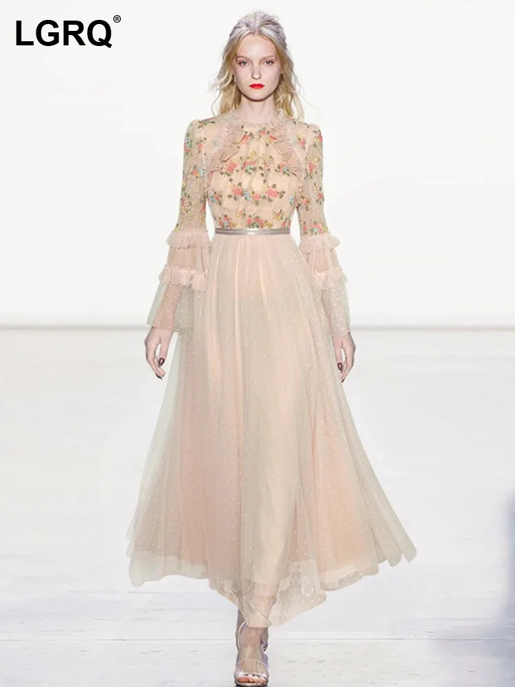 

LGRQ Ruffle Edge Mesh Embroidery Evening Dresses For Women Pagoda Sleeve High Waist Round Neck Elegant Dress Female New 3WQ9018