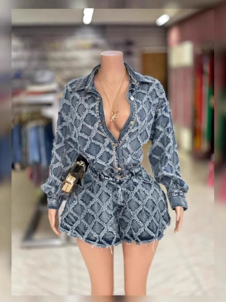 Wmstar Denim Two Pieces Sets Wholesale Button Top and Shorts Shorts New Style Matching Suit  Fall and Winter Clothing 2025