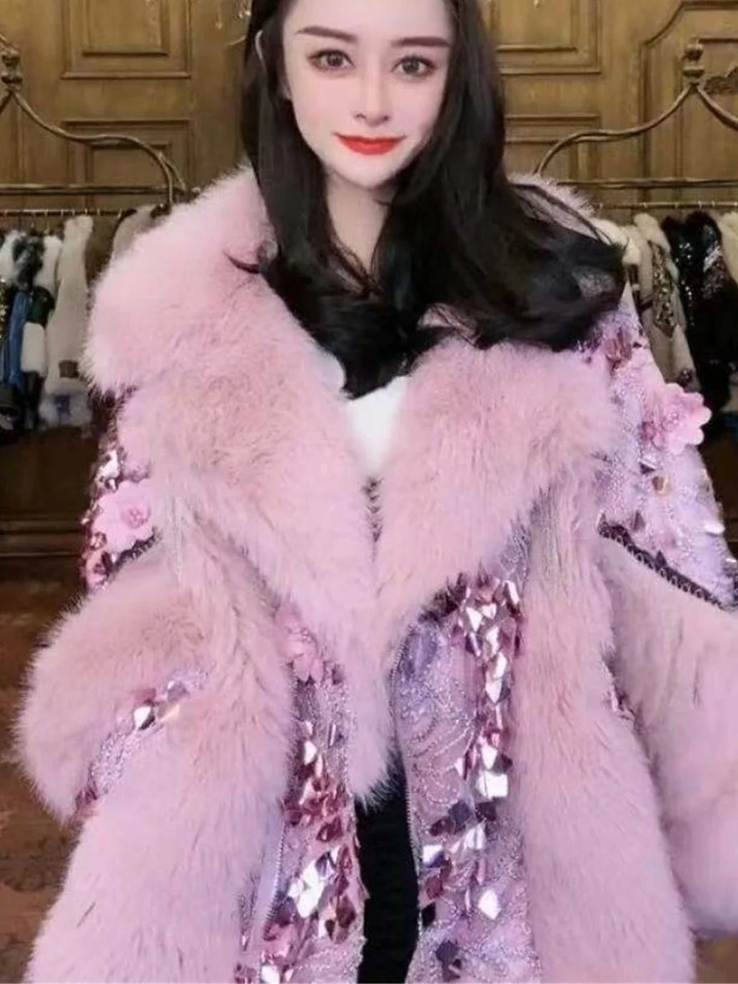 2023 Winter New Mid-Length Slim-Fit Toka Lamb Wool Faux Coat Women Loose Slimming Oversized 6XL Fat Girl Sequins Fur Jacket Lady