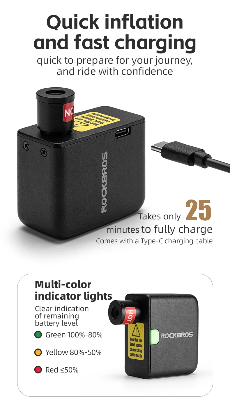 ROCKBROS Mini tragbare elektrische Hochdruck-Luftpumpe mit Schrader Presta-Ventilen für Rennrad, MTB, Fahrrad, Radfahren, Inflationszubehör – Detail 12