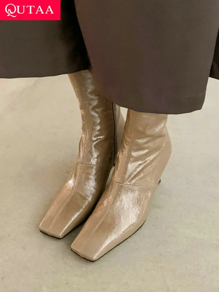 

QUTAA 2023 Thin High Heel Square Toe Women Mid Calf Boots Office Ladies Fashion Genuine Leather Shoes Woman Winter Size 34-39
