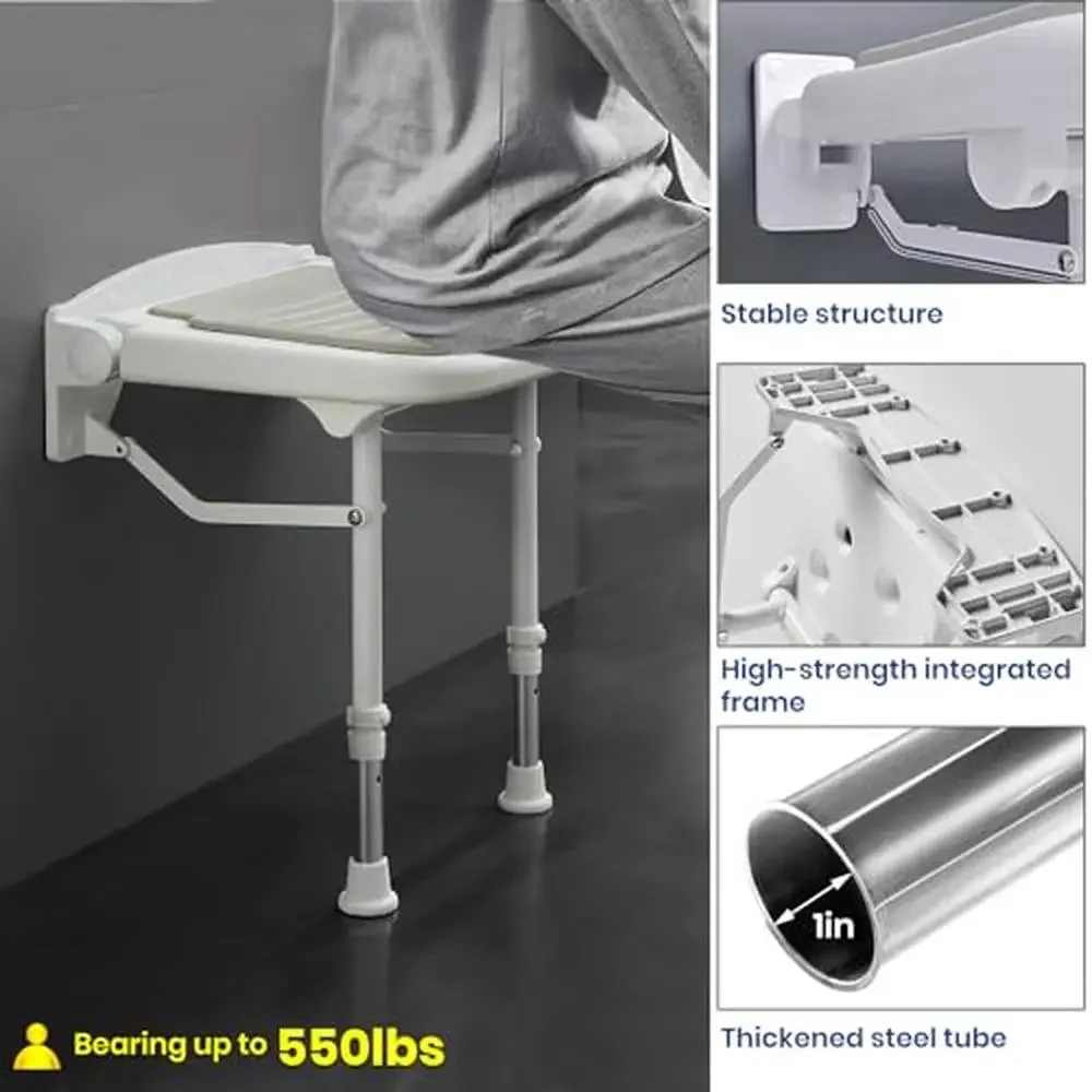Wall Mounted Folding Shower Seat with 550lbs Support Adjustable Height Bench Elderly and Adults 5