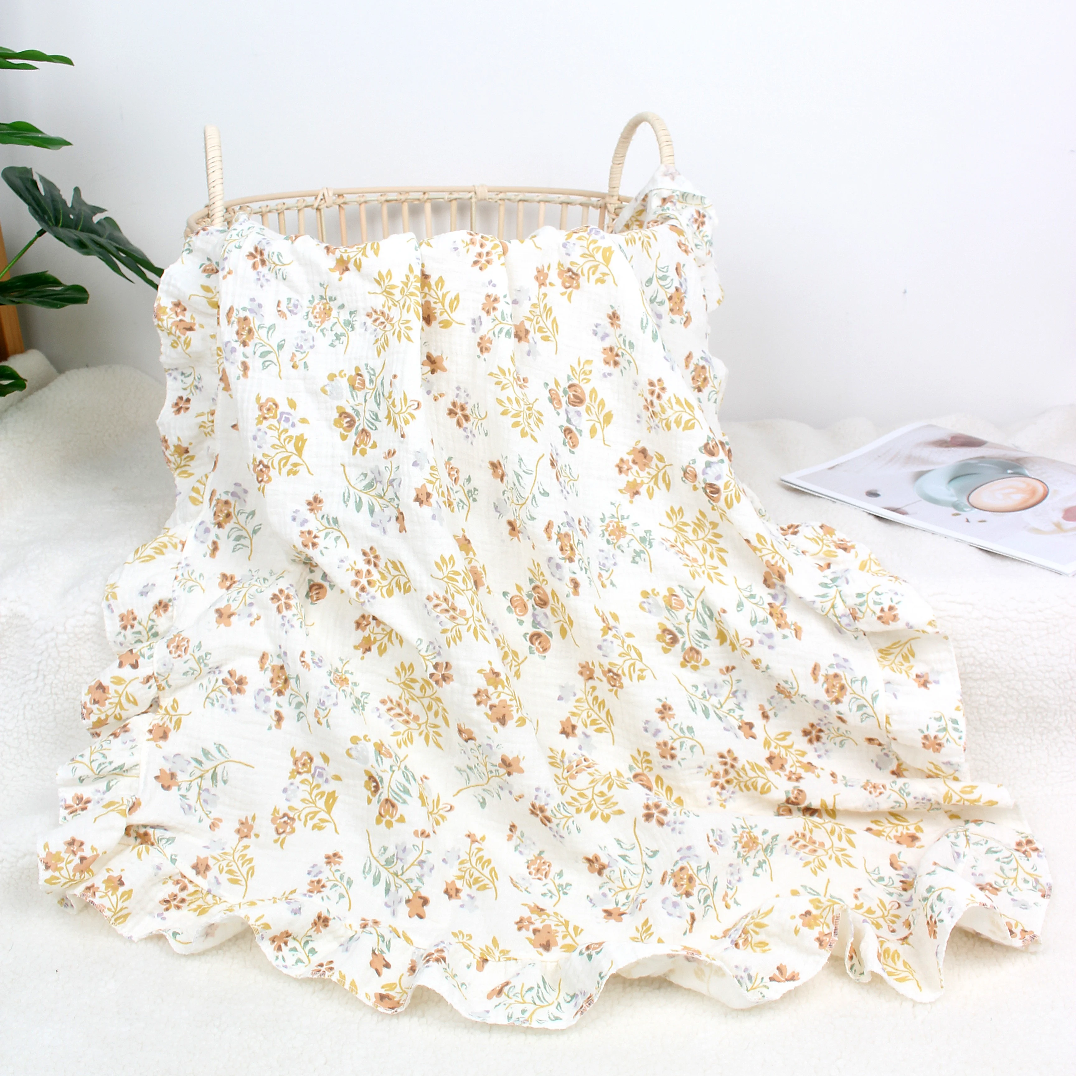 Baby  Organic Cotton Wrap Gauze Ruffle Baby Blanket Newborn Security Muslin Swaddle Blanket 3