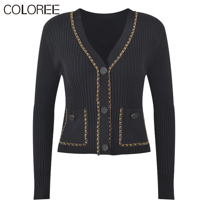 

New 2023 Spring Korean Fashion Clothes for Women Luxury Gold Chain V-neck Long Sleeve Knitted Sweater Black Cardigans Para Mujer
