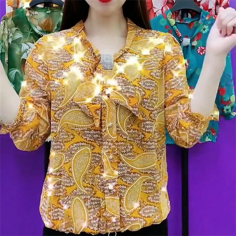 Women Fashion Ruffles Bow Rhinestone Floral Print Blouses 2024 Summer Casual Three Quarter Sleeve Shirt Loose Tops Ropa De Mujer