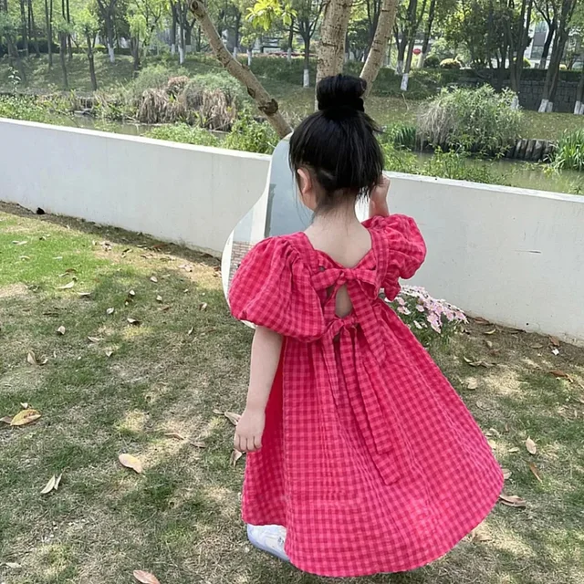 Bear Leader Rose Pink Plaid Bow Dress Elegant Lolita Child Big Girls Midi Dress Children Dresses Teens Party Princess Sundress 2