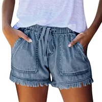 Ladies' Washed Solid Color Slimming Tassel Edge Denim Shorts Fashion Sexy Elastic Waist Leisure Pockets Summer Short Trousers