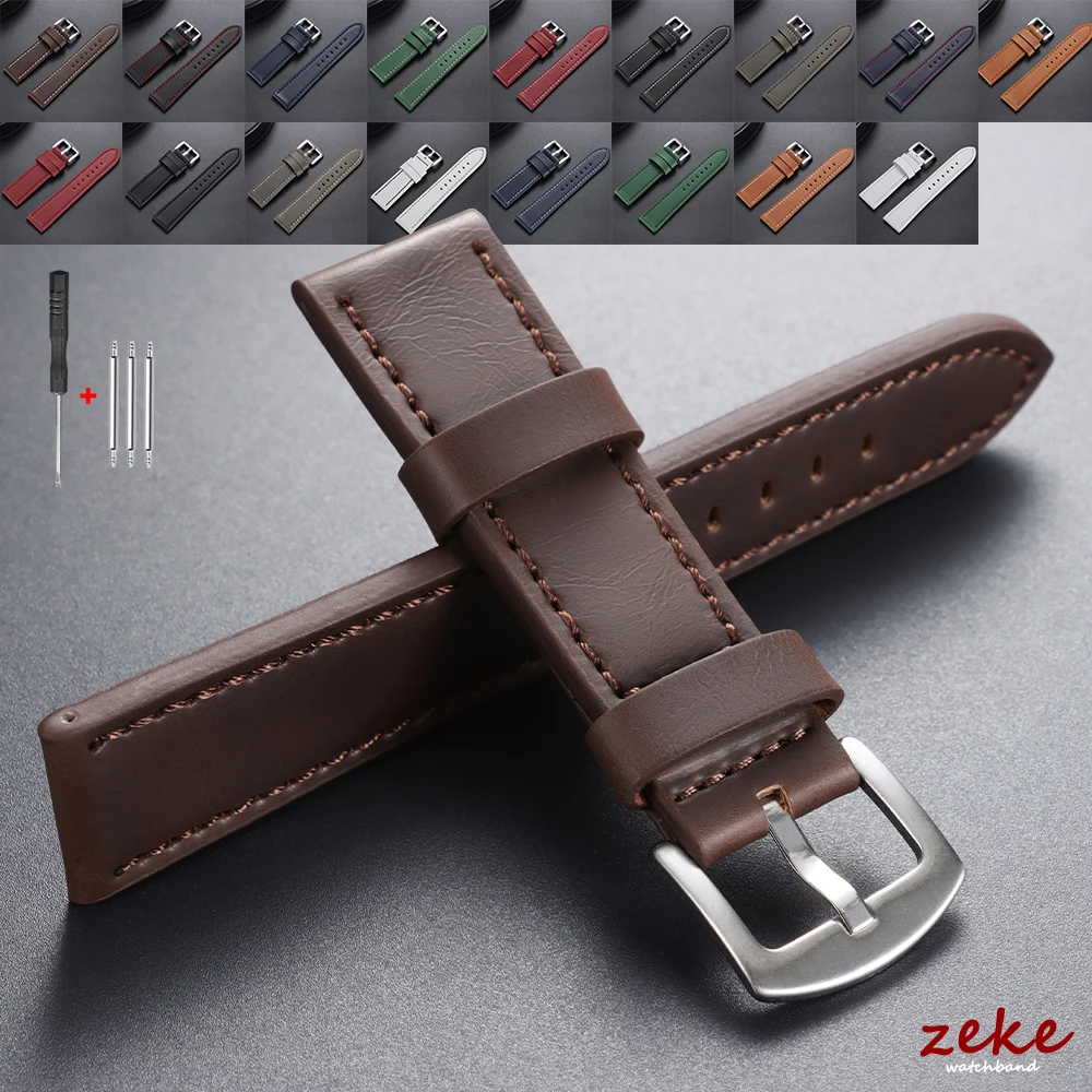 Stitched Brown Genuine Leather Sports Watch Band with Steel Clasp