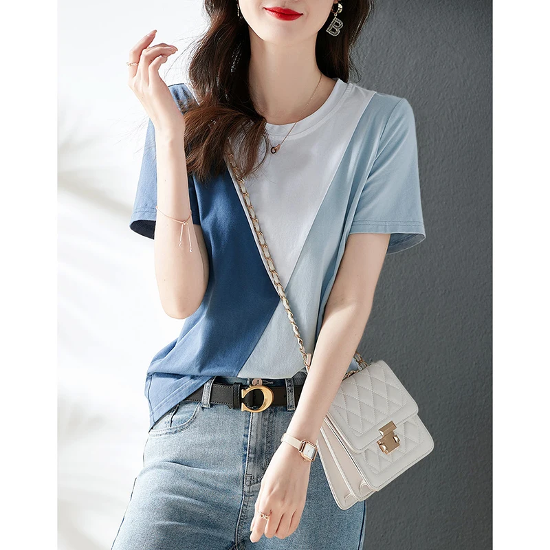 

Fashion O-Neck Spliced Short Sleeve Color Blouse Women's Clothing 2024 Summer New Casual Pullovers Loose Office Lady Shirt