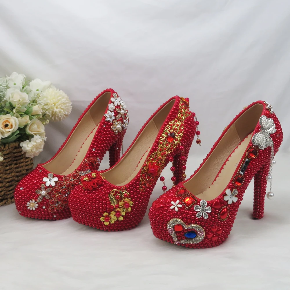 2023NewArrivalRedPearlRoundToeWeddingShoesBridalWomanHigh