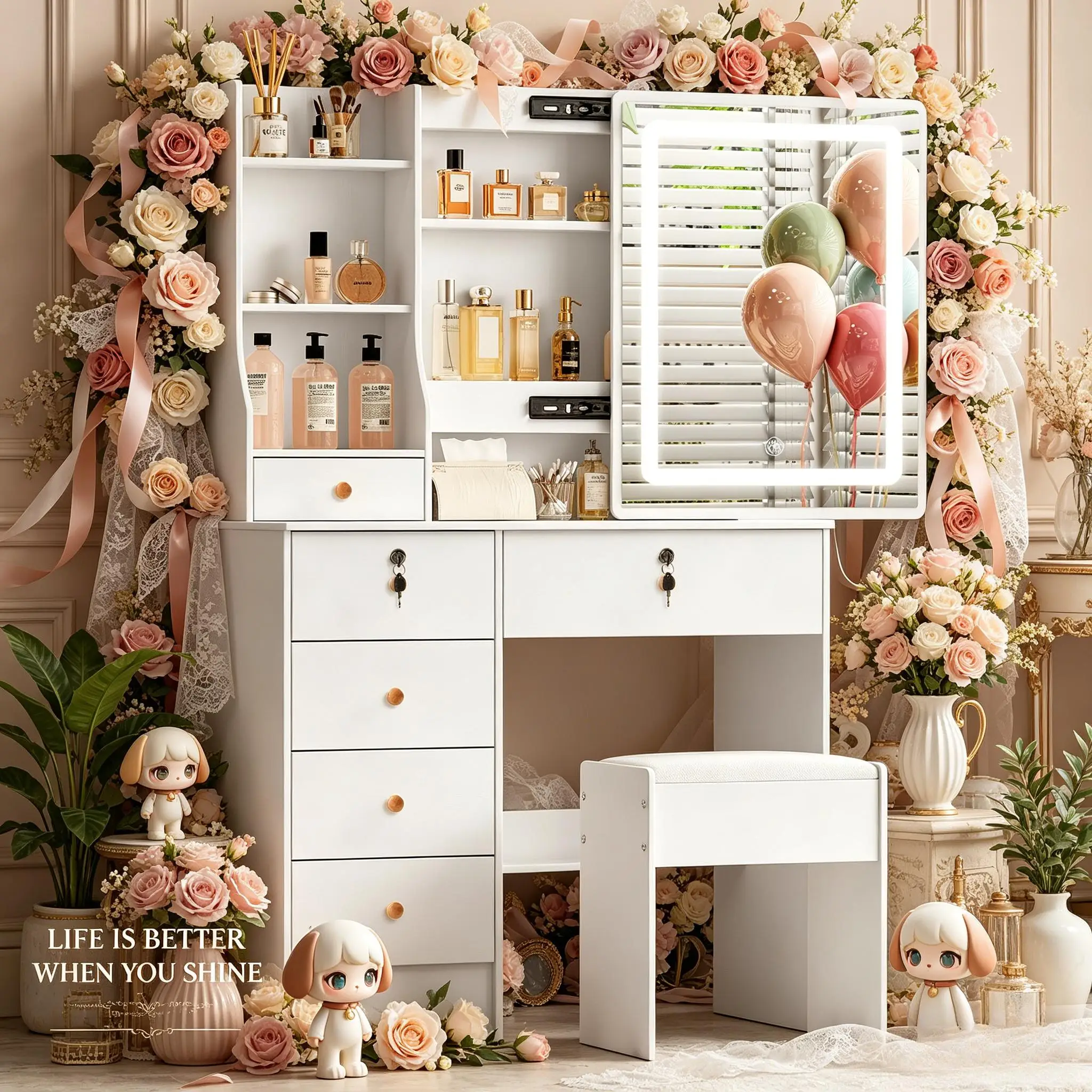 Modern White Dressing Table, Dimmable LED 3 Color Mirror, 6 Drawers Vanity Desk Set with Stool for Bedroom