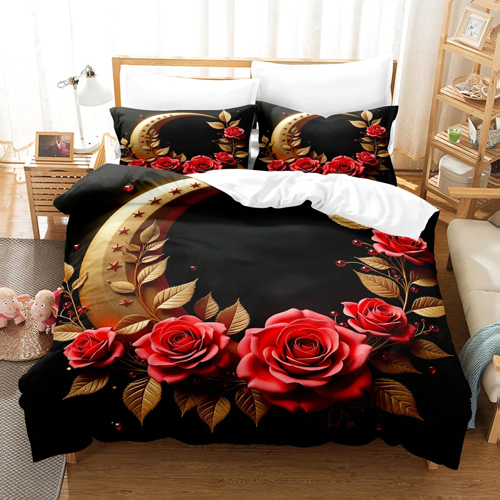 Rose Moon Print Pattern Polyester Bedding Set - Soft and Comfortable, Home Decoration,King,Queen Size,Valentine's Day