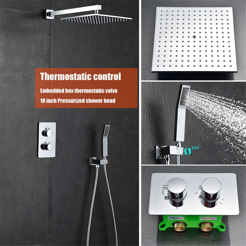 Bathroom thermostatic rainfall shower faucet set system wall mounted 10 inch rainfall shower head double functions bath faucet