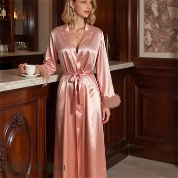 Luxury Long Wedding Robe Negligee Bride Kimono Bathrobe Gown Pink Silk Satin Sleepwear Nightgown Loose Casual Home Dress Pajamas