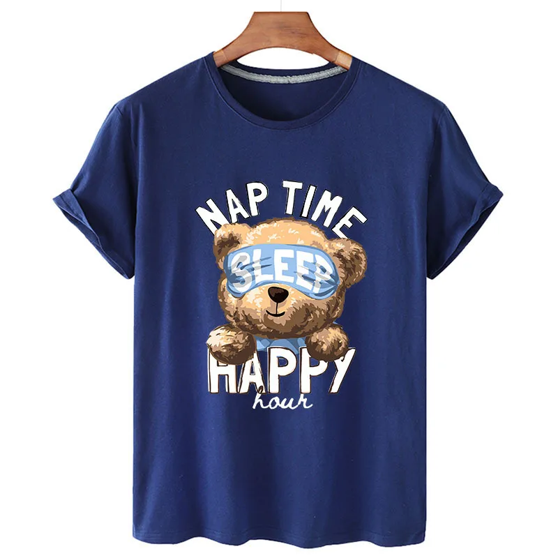 

100% Cotton Sleeping Bear Print Shirt Short Sleeve O Neck Loose T-shirt Women's Summer Plus Size T-shirt Men's And Women's S-4XL
