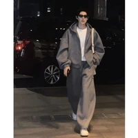 Autumn New Men's Clothing Trendy Air Layer Hooded Sweatshirt Loose Silhouette Long-sleeved Jacket Couple Sports and Leisure Suit 1