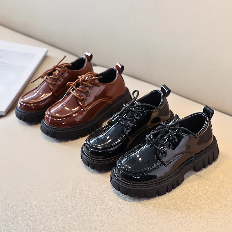 Leather Shoes Children Leather Shoes for Boys Girls Thick Sole Lace-up Kids School Leather Shoes for Wedding Party Show British Style Black