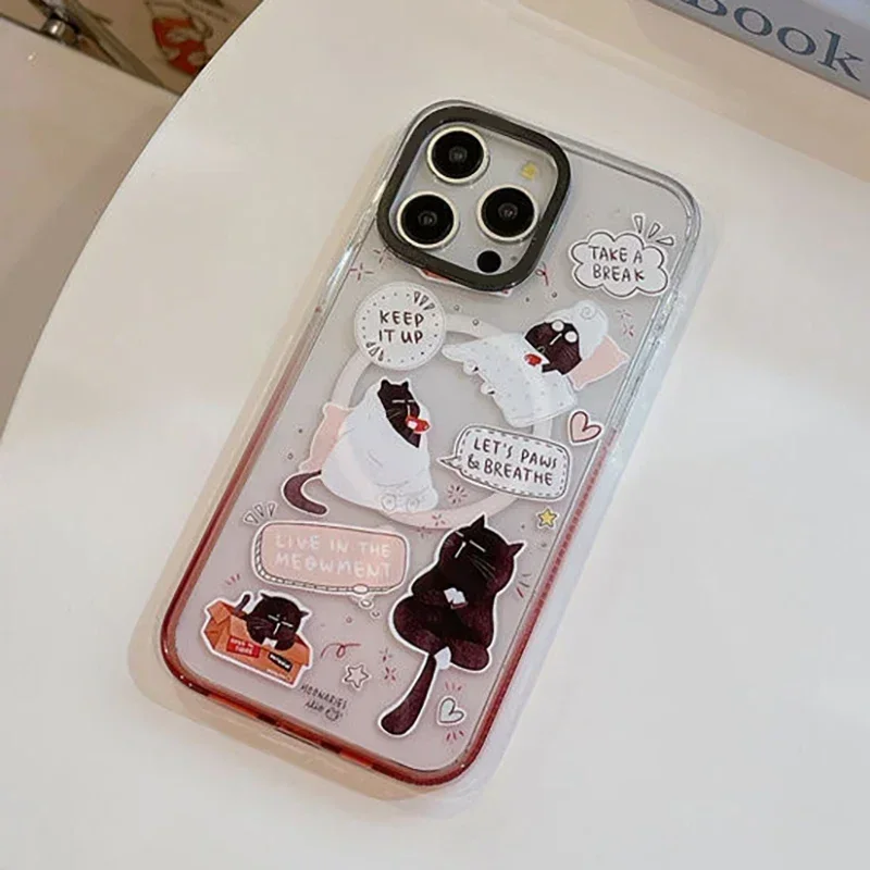 Pink Gradient Transparent Border Dog Cat Rabbit Graffiti iPhone 13 14 15 Pro Max Case - Protective iPhone Case