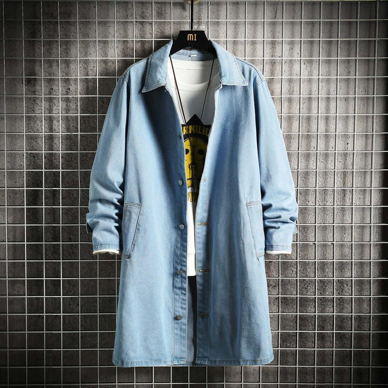 

Men's Autumn Casual Loose Mid Length Denim Windbreaker Large Size M-5XL Solid Color Long Sleeve Lapel Single Breasted Straight