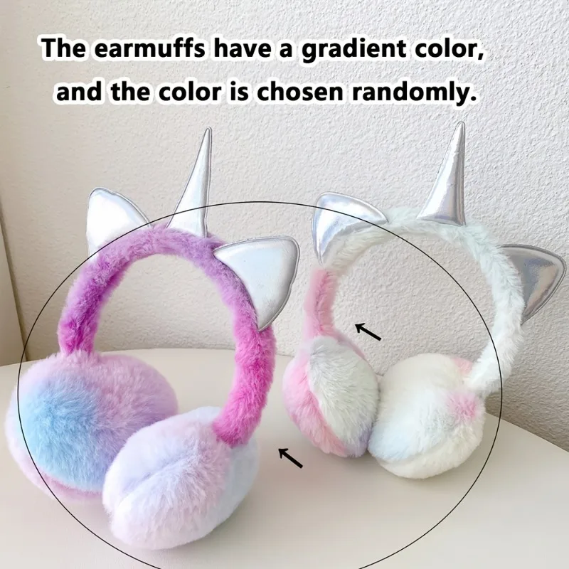 fashion Colorful Unicorn Soft Plush Fluffy Earflap Children Winter Warm Plush Earmuffs with Cute Cat Ears Kids Tie-dye Fur Hat