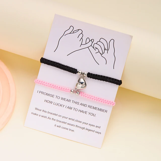 Bracelet porte-bonheur en corde tressée rouge, 2 pièces, pour femmes et hommes, cœur romantique, magnétique, assorti, bijoux pour amoureux de la saint-valentin