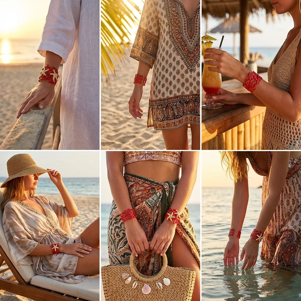 Klobiger, extravaganter Armreif mit roten Korallen und Seesternen für Damen – Strass-Verzierter Statement-Armreif im tropischen Strandurlaub- und Meerjungfrauen-Stil – Detail 2