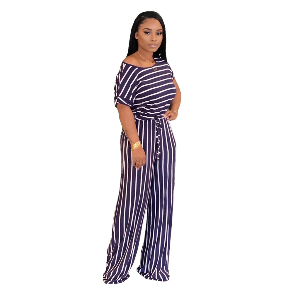

Women Causal Striped Short Sleeve Jumpsuit Loose Fit Summer Long Pants Daily Overalls Comfy Jumpsuit