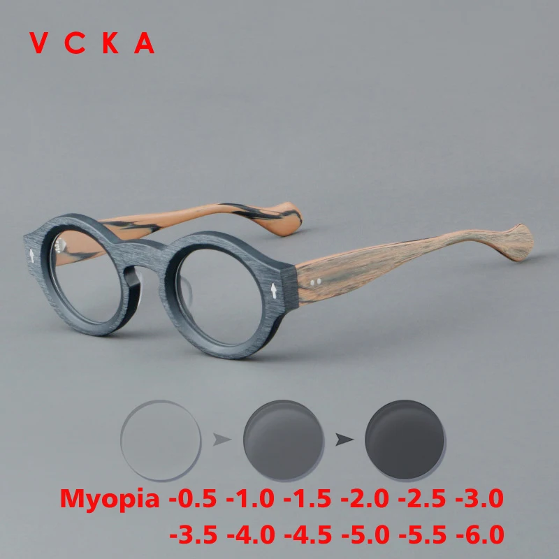 VCKA Runde Acetat-Myopie, Anti-Blau, Verfärben, Brille, Vintage-Stil, für Herren, verschreibungspflichtige Intensivierung, individuelle Optik, Brillen – 0,50 bis -10
