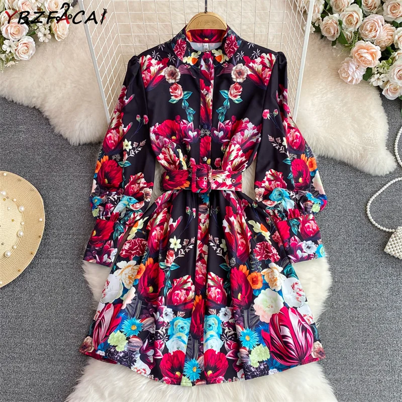 

Fashion Runway Retro Slim Print Single-breasted Short Dress Women's Spring Autumn Long-sleeved Printed Shirt Dress Party Dress